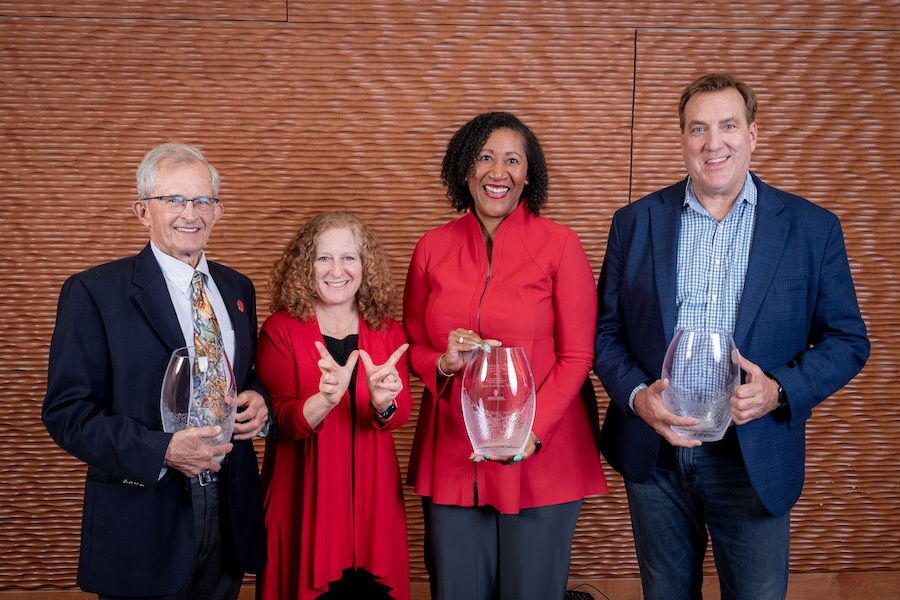 Jennifer Mnookin stands with 2024 award recipients James Dahlberg, Dorri McWhorter and Mark Bakken.