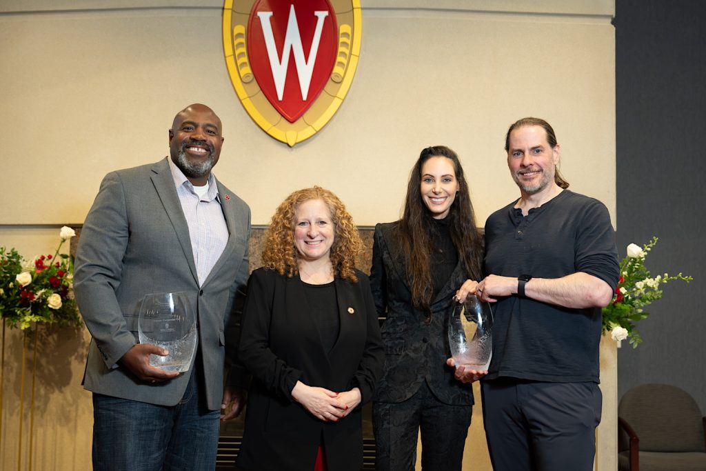 Photo of Chancellor's Entrepreneurial Achievement awards Left to right: Marcus Carpenter, Chancellor Jennifer Mnookin, Heather Hasson, Greg Piefer