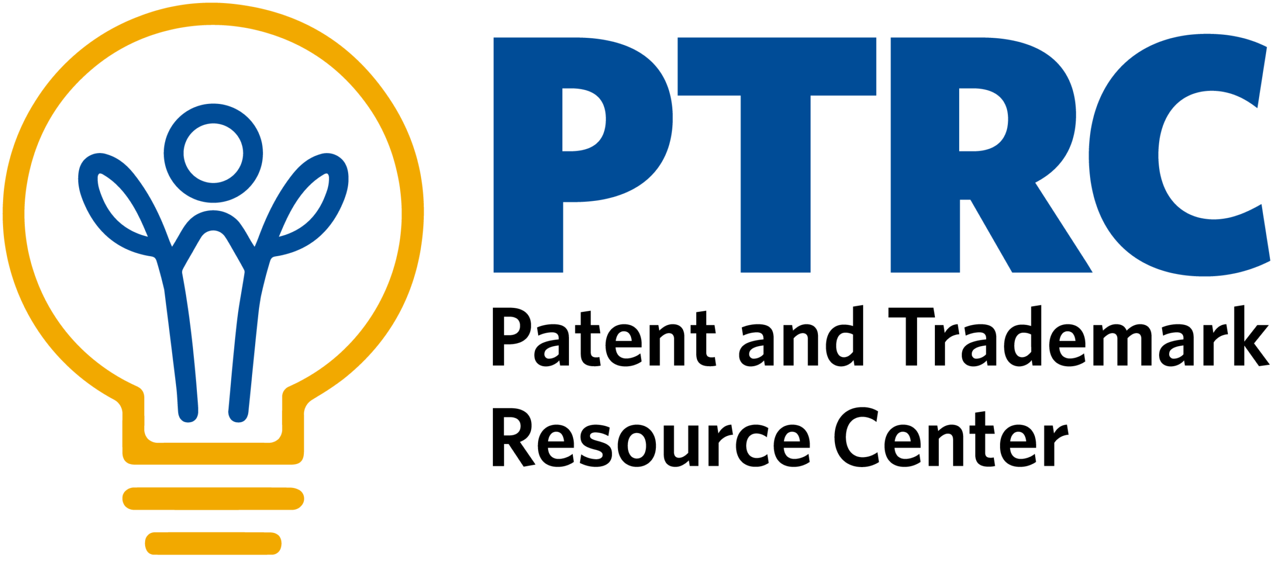 logo for the PTRC, has a lightbulb with a filament that also looks like an abstract person/stick figure, and says PTRC, Patent and Trademark resource center