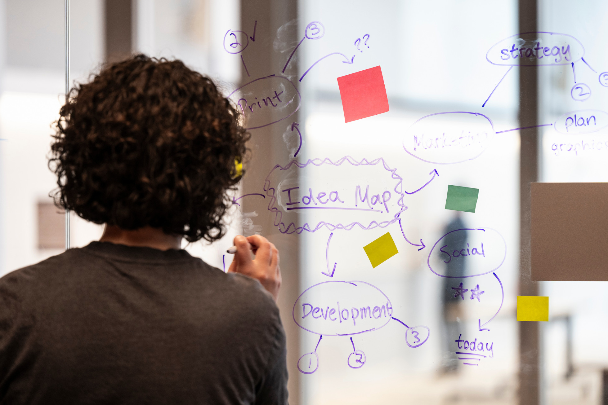 a person is viewed from behind as they are writing on a clear glass board
